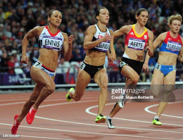 Jessica Ennis of Great Britain competes in the Women's Heptathlon 200m on Day 7 of the London 2012 Olympic Games at Olympic Stadium on August 3, 2012...