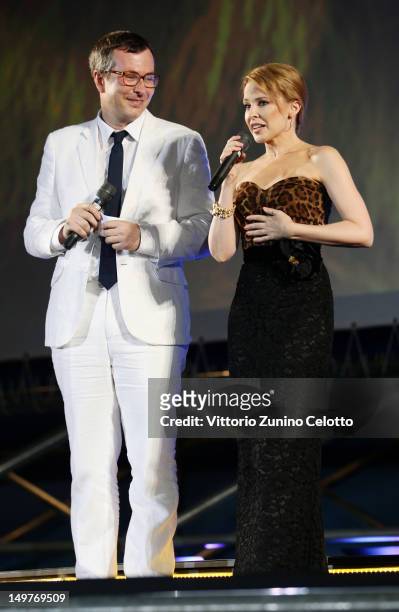 Olivier Pere and Kylie Minogue attend the Swisscom Leopard of Honor To Leos Carax ceremony during the 65th Locarno Film Festival on August 3, 2012 in...