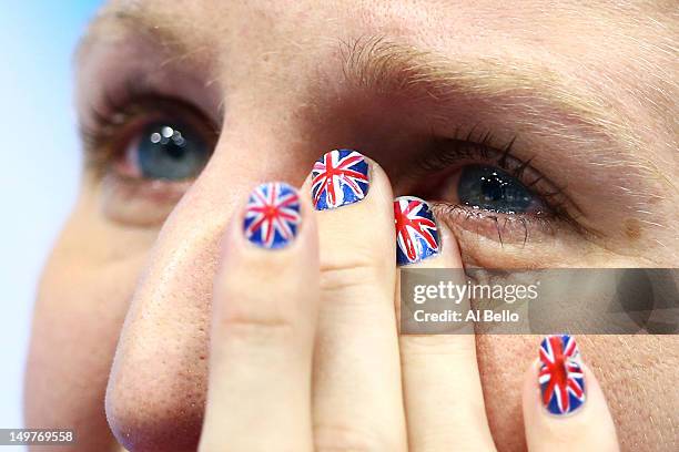 Bronze medallist Rebecca Adlington shows her emotion following the podium for the medal ceremony for the Women's 800m Freestyle on Day 7 of the...