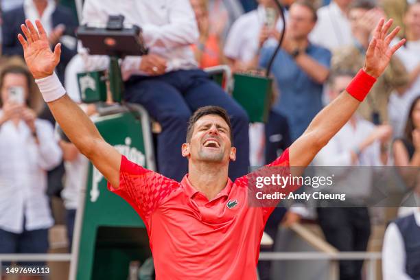 Novak Djokovic of Serbia celebrates winning match point during the Men's Singles Final Match against Casper Ruud of Norway during Day 15 of the...