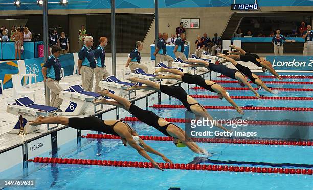 General view is seen from the Women's 800m Freestyle heats on Day 6 of the London 2012 Olympic Games at the Aquatics Centre on August 2, 2012 in...