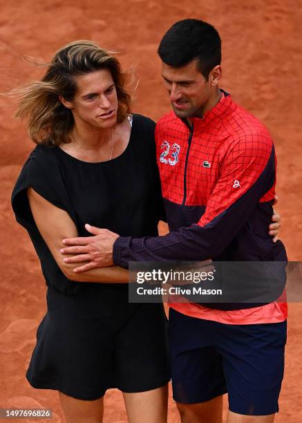 French Open director, Amelie Mauresmo, congratulates Novak Djokovic of Serbia after his victory in the Men's Singles Final match between Novak...