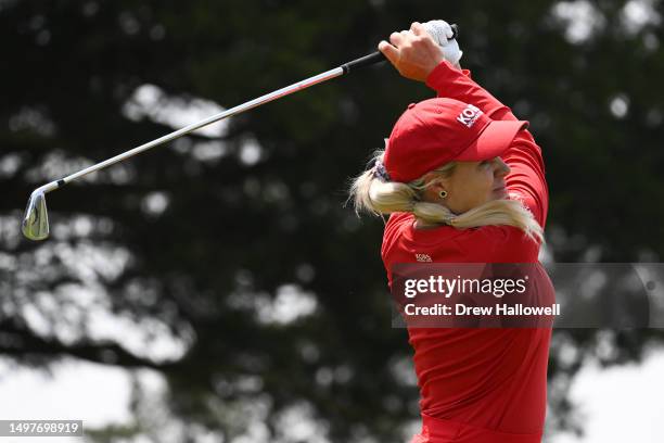 Daniela Holmqvist of Sweden hits a tee shot on the eighth hole during the final round of the ShopRite LPGA Classic presented by Acer at Seaview Bay...