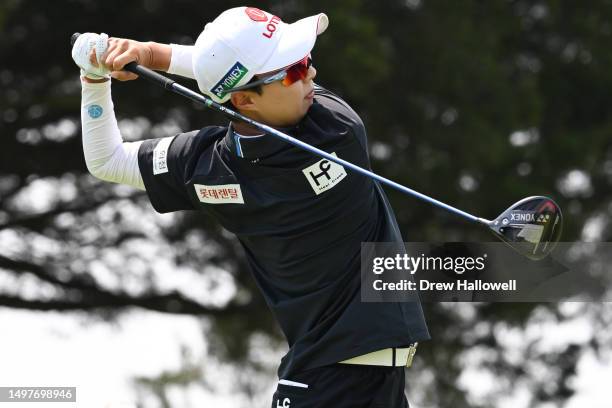 Hyo Joo Kim of South Korea hits a tee shot on the eighth hole during the final round of the ShopRite LPGA Classic presented by Acer at Seaview Bay...