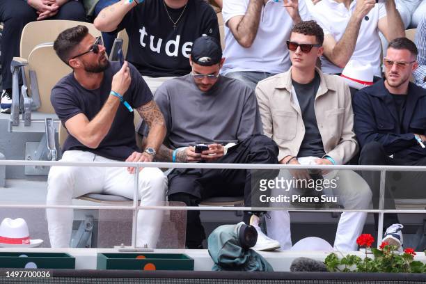 Olivier Giroud,Theo Hernandez and Benjamin Pavard attend the 2023 French Open at Roland Garros on June 11, 2023 in Paris, France.