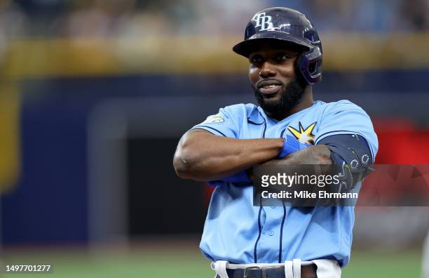 Randy Arozarena of the Tampa Bay Rays celebrates after an RBI single in the first inning during a game against the Texas Rangers at Tropicana Field...