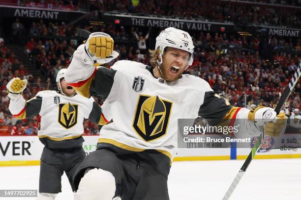 William Karlsson of the Vegas Golden Knights celebrates his goal against the Florida Panthers in Game Four of the 2023 NHL Stanley Cup Final at FLA...