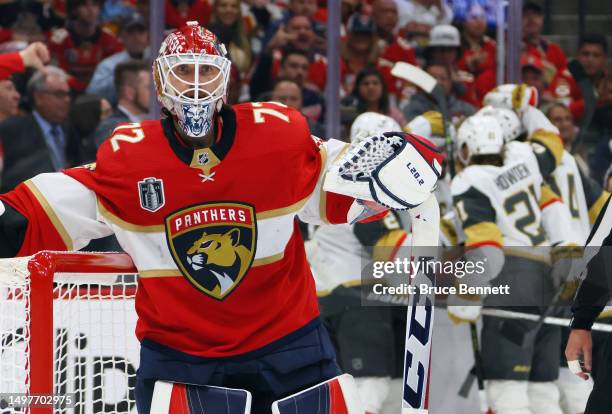 Sergei Bobrovsky of the Florida Panthers reacts following a second period goal by Chandler Stephenson of the Vegas Golden Knights in Game Four of the...