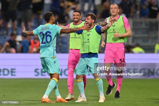 Cyril Ngonge of Hellas Verona celebrates after scoring his team second goal during the match between Spezia Calcio and Hellas Verona at Mapei Stadium...