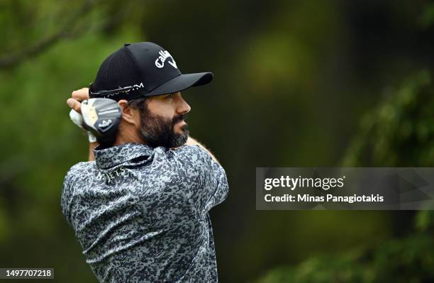 Adam Hadwin of Canada hits his first shot on the 2nd hole during the final round of the RBC Canadian Open at Oakdale Golf & Country Club on June 11,...