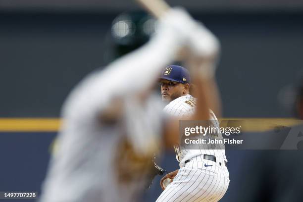 Freddy Peralta of the Milwaukee Brewers pitches in the third inning against the Oakland Athletics at American Family Field on June 11, 2023 in...