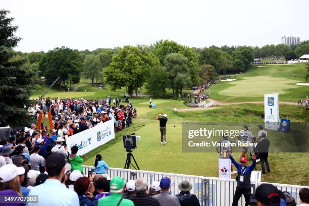Harrison Endycott of Australia hits his first shot on the 1st hole during the final round of the RBC Canadian Open at Oakdale Golf & Country Club on...