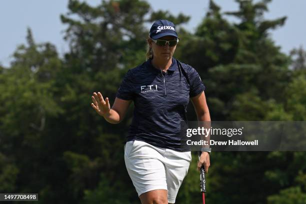 Ashleigh Buhai of South Africa reacts to a birdie putt on the 13th hole during the final round of the ShopRite LPGA Classic presented by Acer at...