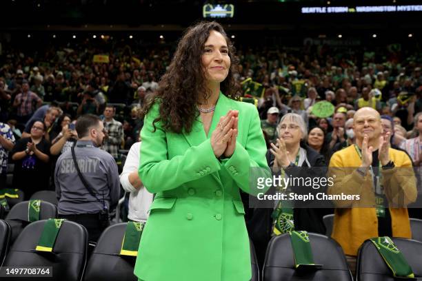 June 11: Sue Bird acknowledges the crowd before the game between the Seattle Storm and the Washington Mystics and her jersey retirement ceremony at...