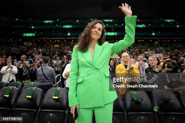 June 11: Sue Bird acknowledges the crowd before the game between the Seattle Storm and the Washington Mystics and her jersey retirement ceremony at...