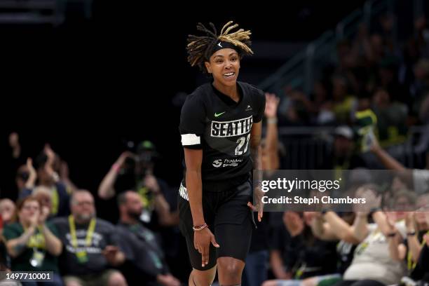 June 11: Jordan Horston of the Seattle Storm reacts after a three point basket against the Washington Mystics during the first quarter at The Space...