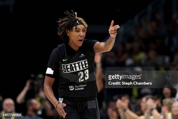 June 11: Jordan Horston of the Seattle Storm reacts after a three point basket against the Washington Mystics during the first quarter at The Space...