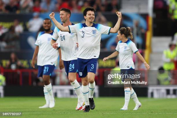 Asa Butterfield of England celebrates after scoring the teams second goal during Soccer Aid for Unicef 2023 at Old Trafford on June 11, 2023 in...