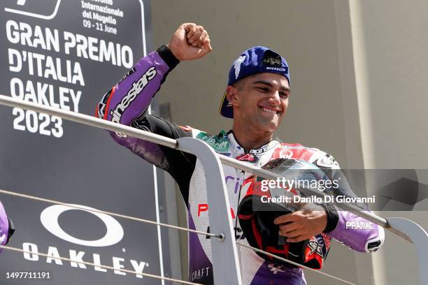 Jorge Martin of Spain and Prima Pramac Racing celebrate the second place of the Race of MotoGP of Italy at Mugello Circuit on June 11, 2023 in...