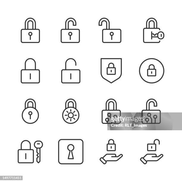 ilustraciones, imágenes clip art, dibujos animados e iconos de stock de iconos de bloqueo — serie monoline - cerrar con llave