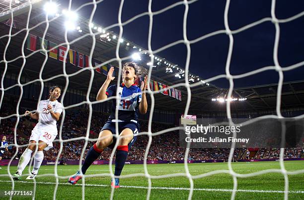 Rachel Williams of Great Britain misses a chance on goal during the Women's Football Quarter Final match between Great Britain and Canada, on Day 7...