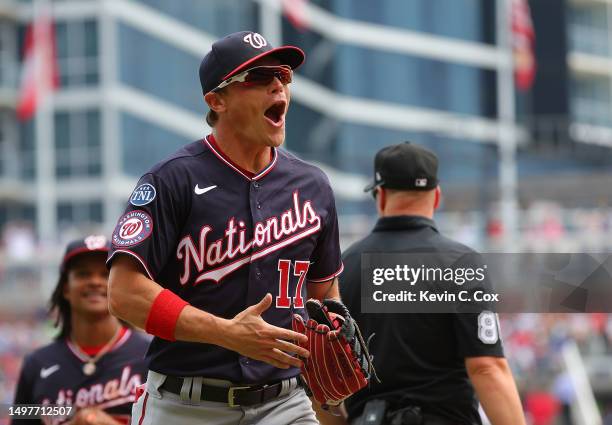 Alex Call of the Washington Nationals reacts after catching a deep fly ball by Michael Harris II of the Atlanta Braves to end the sixth inning at...