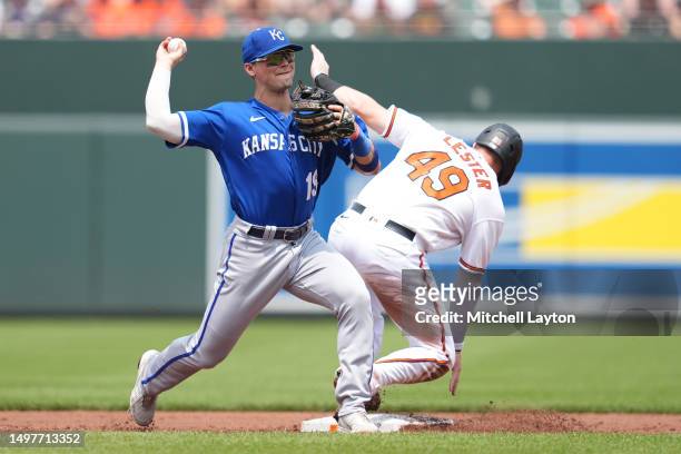 Michael Massey of the Kansas City Royals forces out Josh Lester of the Baltimore Orioles on a James McCann fielders choice in the second inning...