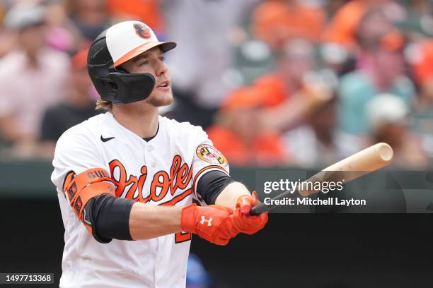 Gunnar Henderson of the Baltimore Orioles hits a three run home run in the seventh inning during a baseball game against the Kansas City Royals at...