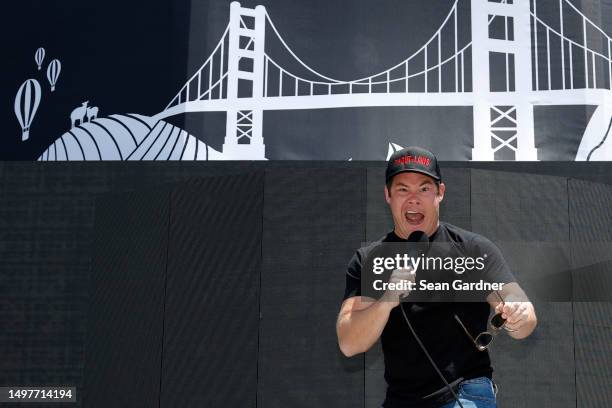 Grand Marshals Adam Devine gives the command to start engine prior to the NASCAR Cup Series Toyota / Save Mart 350 at Sonoma Raceway on June 11, 2023...