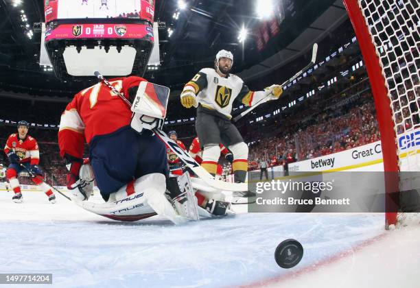 Chandler Stephenson of the Vegas Golden Knights scores a first period goal against Sergei Bobrovsky of the Florida Panthers in Game Four of the 2023...