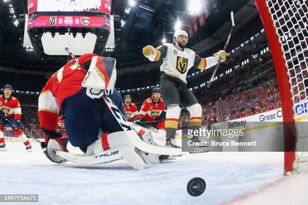 Chandler Stephenson of the Vegas Golden Knights scores a first period goal against Sergei Bobrovsky of the Florida Panthers in Game Four of the 2023...