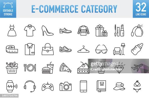 e-commerce category - thin line vector icon set. pixel perfect. editable stroke. for mobile and web. the set contains icons: e-commerce, online shopping, shopping, delivering, store, fashion, clothing, jewelry, food, fast food, supermarket, electronic - fashion photography stock illustrations