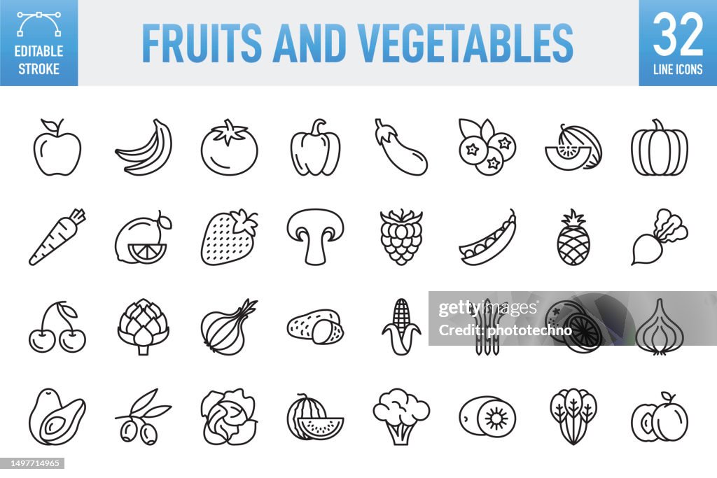 Fruits and Vegetables - Thin line vector icon set. Pixel perfect. Editable stroke. For Mobile and Web. The set contains icons: Fruit, Vegetable, Carrot, Food, Tomato, Banana, Apple - Fruit, Orange - Fruit, Watermelon, Melon, Onion, Broccoli, Raw Potato