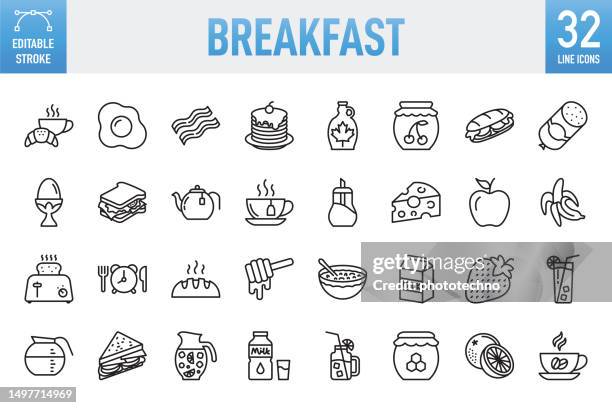 stockillustraties, clipart, cartoons en iconen met breakfast - thin line vector icon set. pixel perfect. editable stroke. for mobile and web. the set contains icons: breakfast, bacon, egg, fried egg, boiled egg, bread, coffee - drink, coffee cup, cup, breakfast cereal, milk, tea - hot drink, tea cup - stokbrood