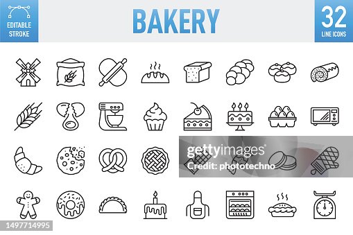 Bakery - Thin line vector icon set. Pixel perfect. Editable stroke. For Mobile and Web. The set contains icons: Bakery, Cookie, Baking, Bread, Cake, Food, Food and Drink, Cupcake, Dough, Doughnut, Cooking, Baked Pastry Item, Sweet Food, Sweet Pie Bakery - Thin line vector icon set. Pixel perfect. Editable stroke. For Mobile and Web. The set contains icons: Bakery, Cookie, Baking, Bread, Cake, Food, Food and Drink, Cupcake, Dough, Doughnut, Cooking, Baked Pastry Item, Sweet Food, Sweet Pie