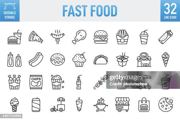 fast food - thin line vector icon set. pixel perfect. editable stroke. for mobile and web. the set contains icons: fast food, fast food restaurant, pizza, hamburger, burger, cheeseburger, restaurant, sandwich, potato chip, french fries, food, food and dri - fried chicken burger stock illustrations