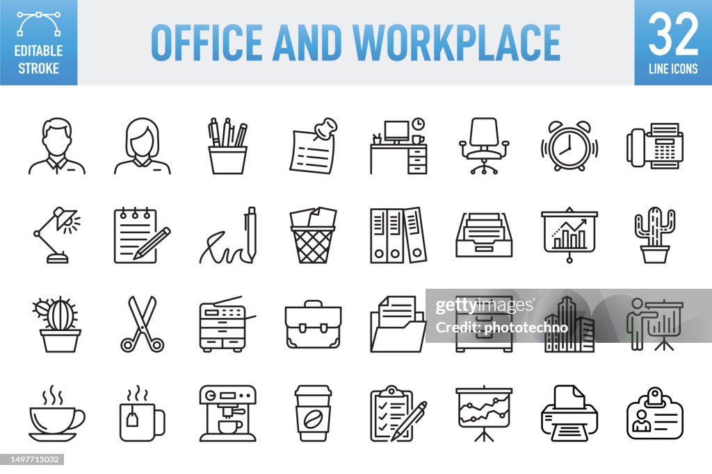 Business Office Concepts and Workplace - Conjunto de iconos vectoriales de línea delgada. Pixel perfecto. Trazo editable. Para móviles y web. El conjunto contiene iconos: Oficina, Escritorio, Lugar de trabajo, Nota adhesiva, Portafolio, Maletín, Negocio
