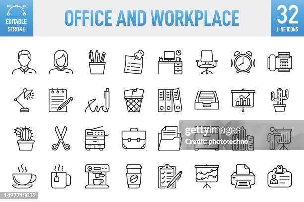 business office concepts and workplace - thin line vector icon set. pixel perfect. editable stroke. for mobile and web. the set contains icons: office, desk, place of work, adhesive note, portfolio, briefcase, business, personal organizer, secretary - case file vector stock illustrations
