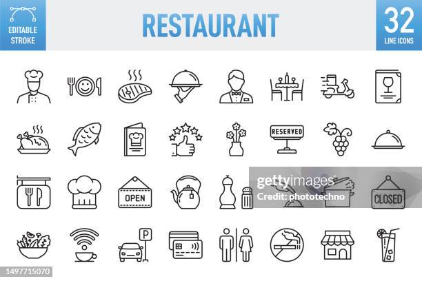 ilustrações de stock, clip art, desenhos animados e ícones de restaurant - thin line vector icon set. pixel perfect. editable stroke. for mobile and web. the set contains icons: food, restaurant, food and drink, drink, coffee - drink, coffee cup, breakfast, wine, wine bottle, wineglass, alcohol - drink, meat, fish - empregado de mesa