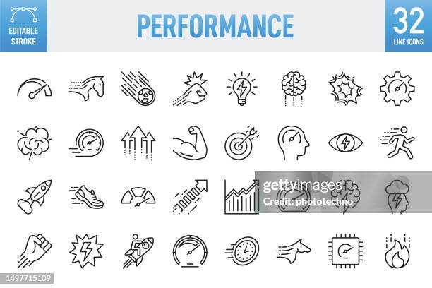 bildbanksillustrationer, clip art samt tecknat material och ikoner med performance - thin line vector icon set. pixel perfect. editable stroke. for mobile and web. the set contains icons: performance, speed, growth, strength, improvement, development, business, internet, running, efficiency, progress - ansträngning