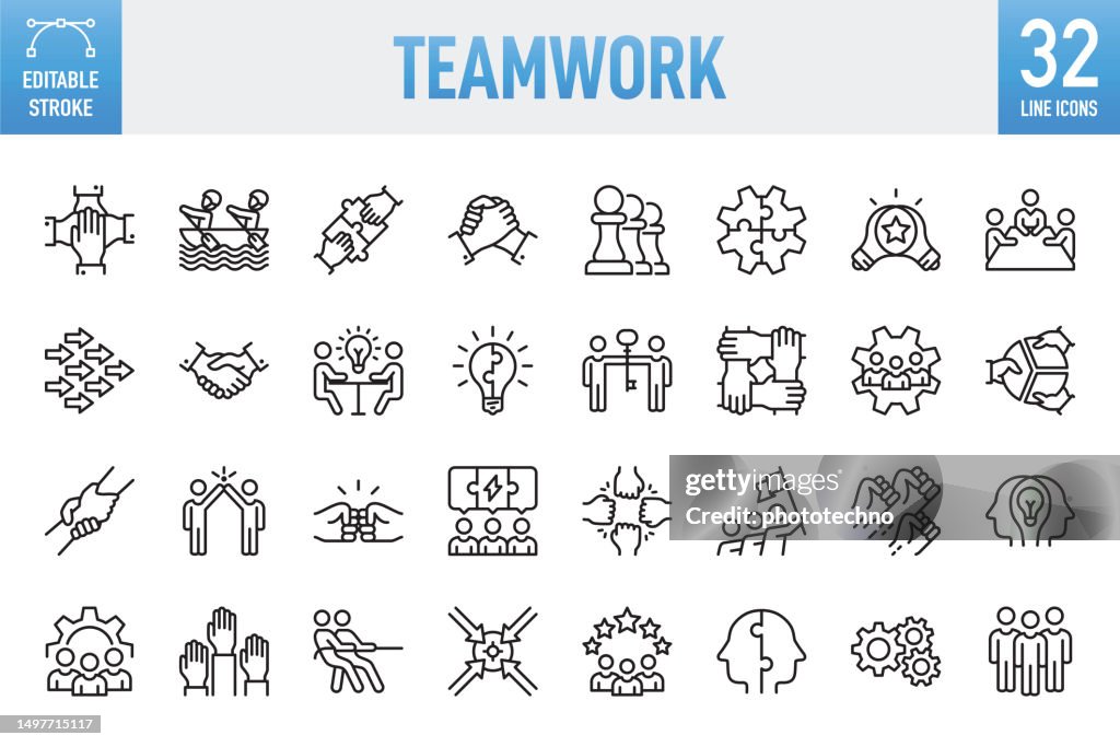 Teamwork - Dünner Linienvektor-Symbolsatz. Pixel perfekt. Bearbeitbarer Strich. Für Mobile und Web. Das Set enthält Symbole: Teamwork, Community, People, Business, Cooperation, Partnership - Teamwork, Organization, Leadership, Human Resources, Recruitme