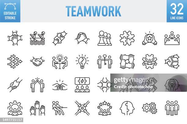 stockillustraties, clipart, cartoons en iconen met teamwork - thin line vector icon set. pixel perfect. editable stroke. for mobile and web. the set contains icons: teamwork, community, people, business, cooperation, partnership - teamwork, organization, leadership, human resources, recruitment - saamhorigheid