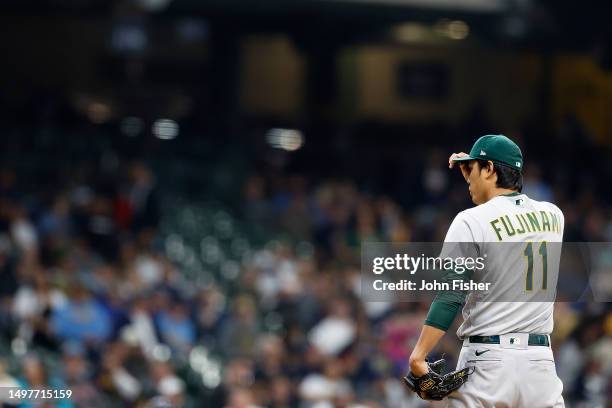Shintaro Fujinami of the Oakland Athletics comes into the game in the eighth inning against the Milwaukee Brewers at American Family Field on June...