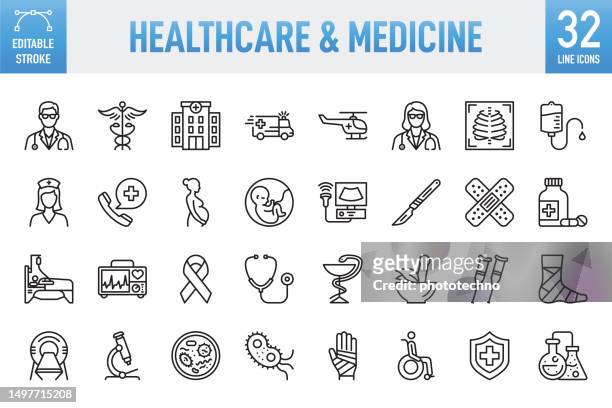 stockillustraties, clipart, cartoons en iconen met healthcare and medicine - thin line vector icon set. pixel perfect. editable stroke. for mobile and web. the set contains icons: healthcare and medicine, medical exam, medicine, hospital, doctor, medical insurance, insurance, nurse, stethoscope, ambulance - screening of a24s eighth grade after party
