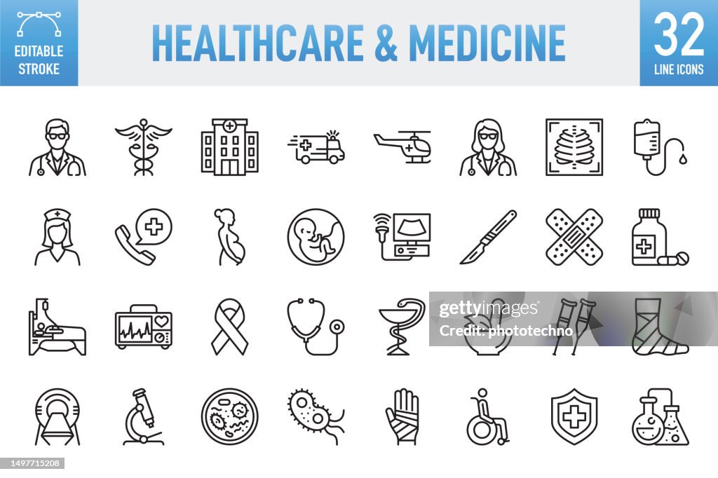 Healthcare and Medicine - Thin line vector icon set. Pixel perfect. Editable stroke. For Mobile and Web. The set contains icons: Healthcare And Medicine, Medical Exam, Medicine, Hospital, Doctor, Medical Insurance, Insurance, Nurse, Stethoscope, Ambulance
