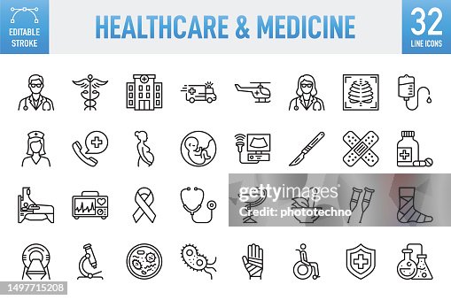 Healthcare and Medicine - Thin line vector icon set. Pixel perfect. Editable stroke. For Mobile and Web. The set contains icons: Healthcare And Medicine, Medical Exam, Medicine, Hospital, Doctor, Medical Insurance, Insurance, Nurse, Stethoscope, Ambulance Healthcare and Medicine - Thin line vector icon set. Pixel perfect. Editable stroke. For Mobile and Web. The set contains icons: Healthcare And Medicine, Medical Exam, Medicine, Hospital, Doctor, Medical Insurance, Insurance, Nurse, Stethoscope, Ambulance