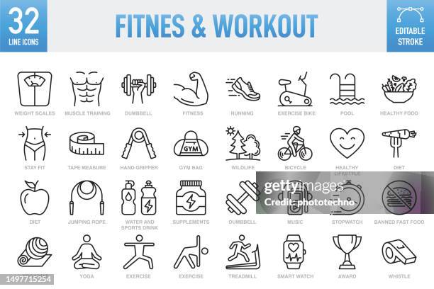 fitness & workout - dünnlinien-vektor-icon-set. pixel perfekt. bearbeitbarer strich. für mobile und web. das set enthält symbole: gesunder lebensstil, sport, gesunde ernährung, fitnessstudio, wohlbefinden, diät, gesundheit und medizin, gewichtsskala,  - gesundheitsbewußt stock-grafiken, -clipart, -cartoons und -symbole