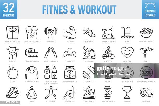 fitness & workout - thin line vector icon set. pixel perfect. editable stroke. for mobile and web. the set contains icons: healthy lifestyle, exercising, sport, healthy eating, gym, wellbeing, dieting, healthcare and medicine, weight scale, lifestyles - exercise mat stock illustrations