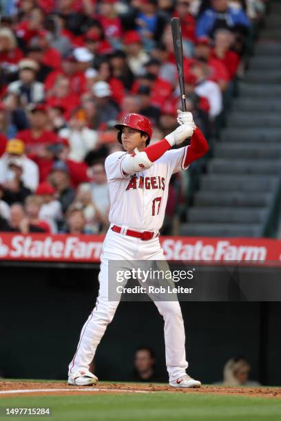 Shohei Ohtani of the Los Angeles Angels bats during the game against the Miami Marlins at Angel Stadium of Anaheim on May 27, 2023 in Anaheim,...