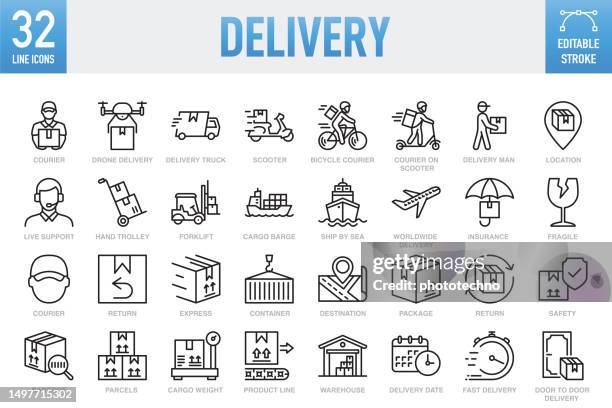 delivery - thin line vector icon set. pixel perfect. editable stroke. for mobile and web. the set contains icons: e-commerce, online shopping, delivering, freight transportation, shipping, package, speed, container, box - container, cargo container - container ship stock illustrations